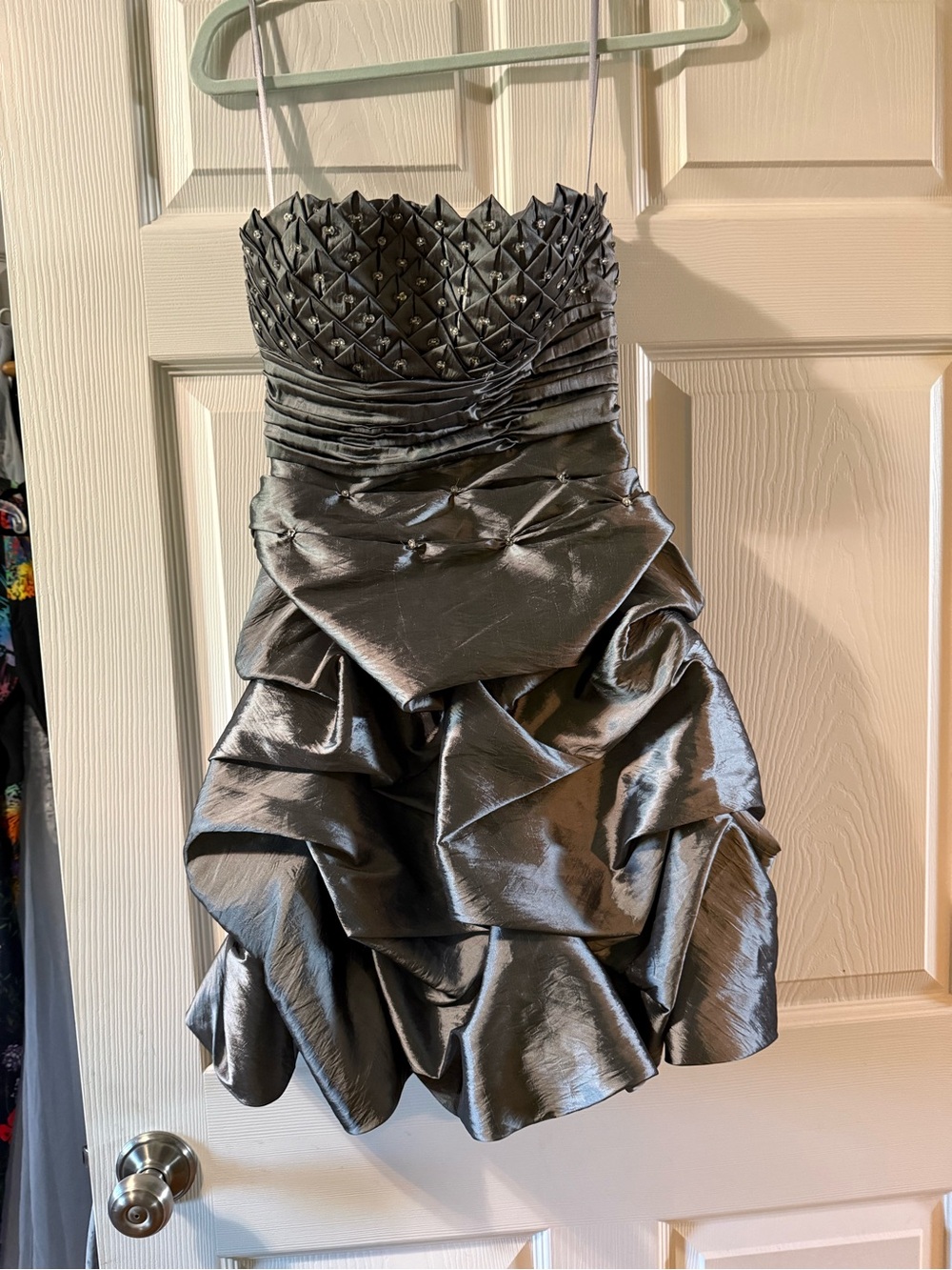 Pewter Metallic Bubble Hem Cocktail Prom Rave Dress Strapless Beaded Scala Size